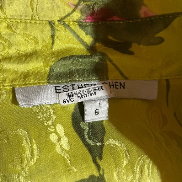 Esther Chen‎ Shirt Top Womens 6 Yellow Floral Silky Button Up Long Sleeves Artsy - Picture 6 of 8